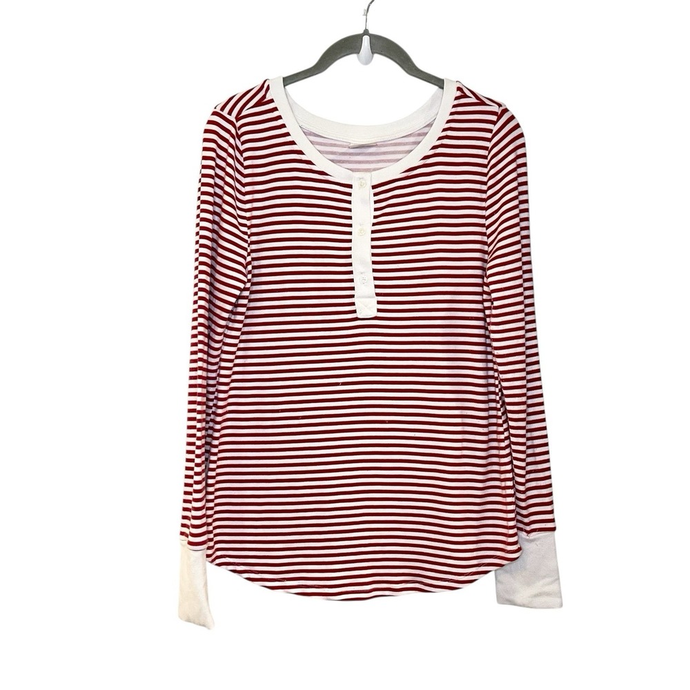 SOMA Red Cream Striped Luna Stretch Pajama Top Henley Long‎ Sleeve Soft Size S